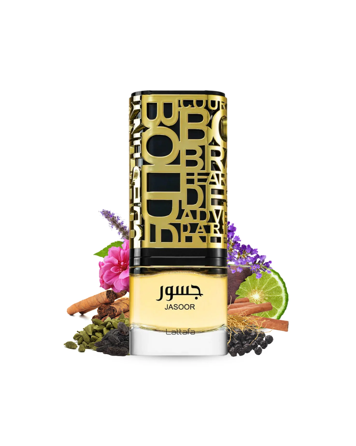 jasoor eau de parfum bottle surrounded with lavender and citrus against white background